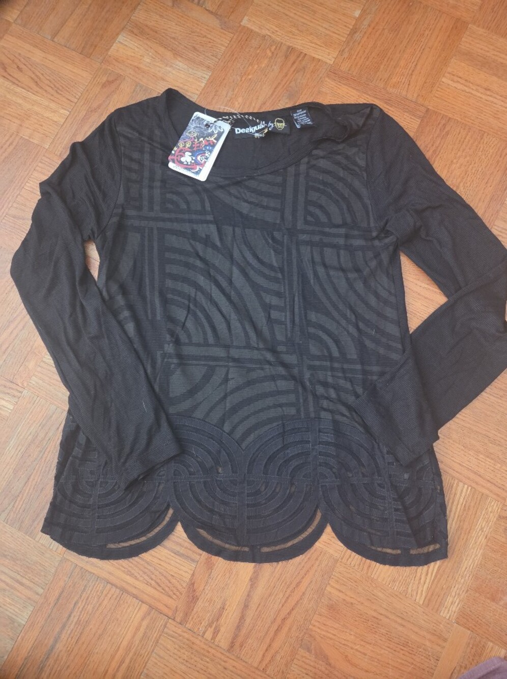 Desigual Black Long Sleeve Scalloped Lace Tee